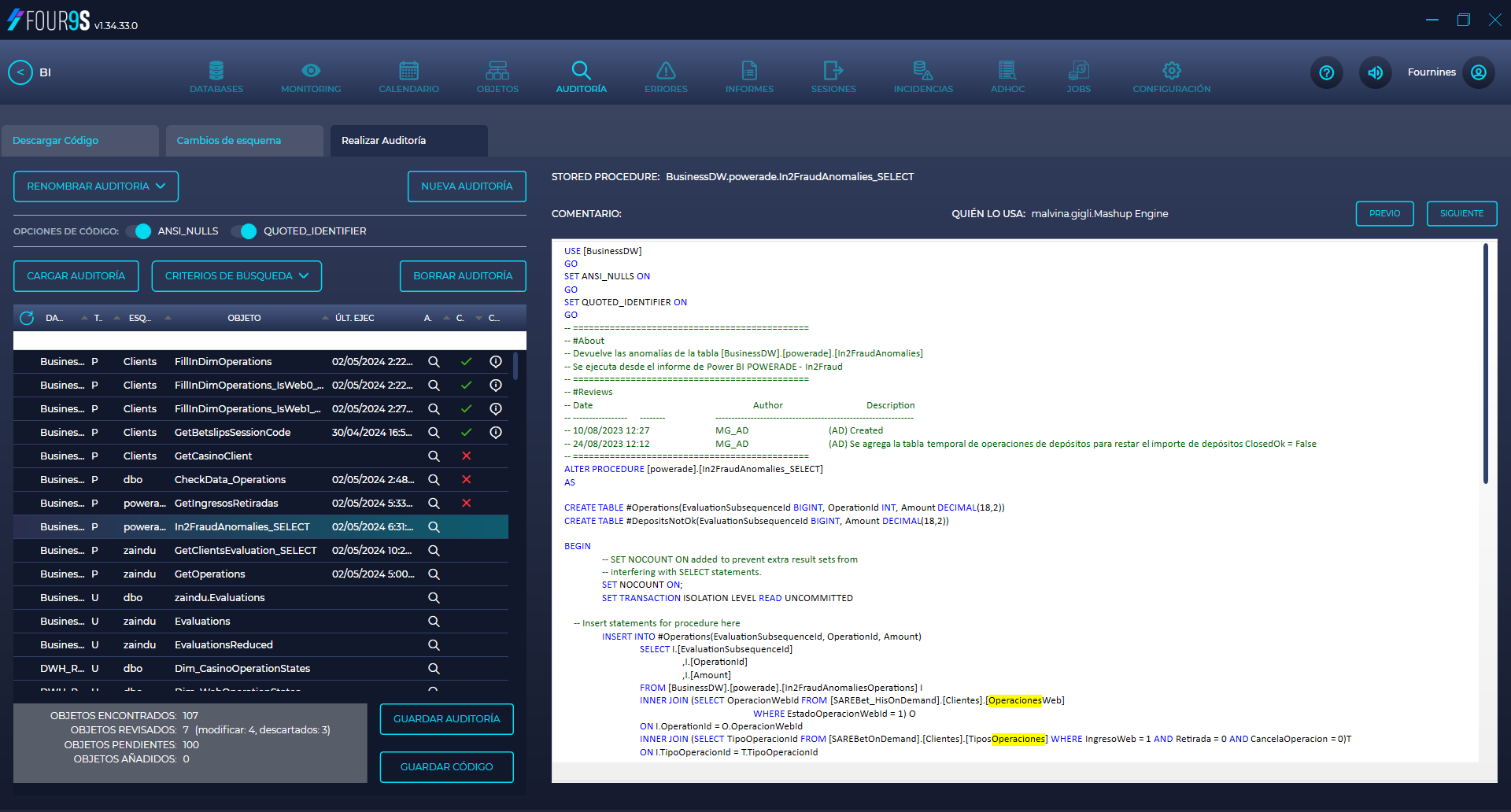Four9s Auditoría SQL: Buscador de código de base de datos, análisis de objetos, seguimiento de cambios y descarga para desarrollo y mantenimiento.