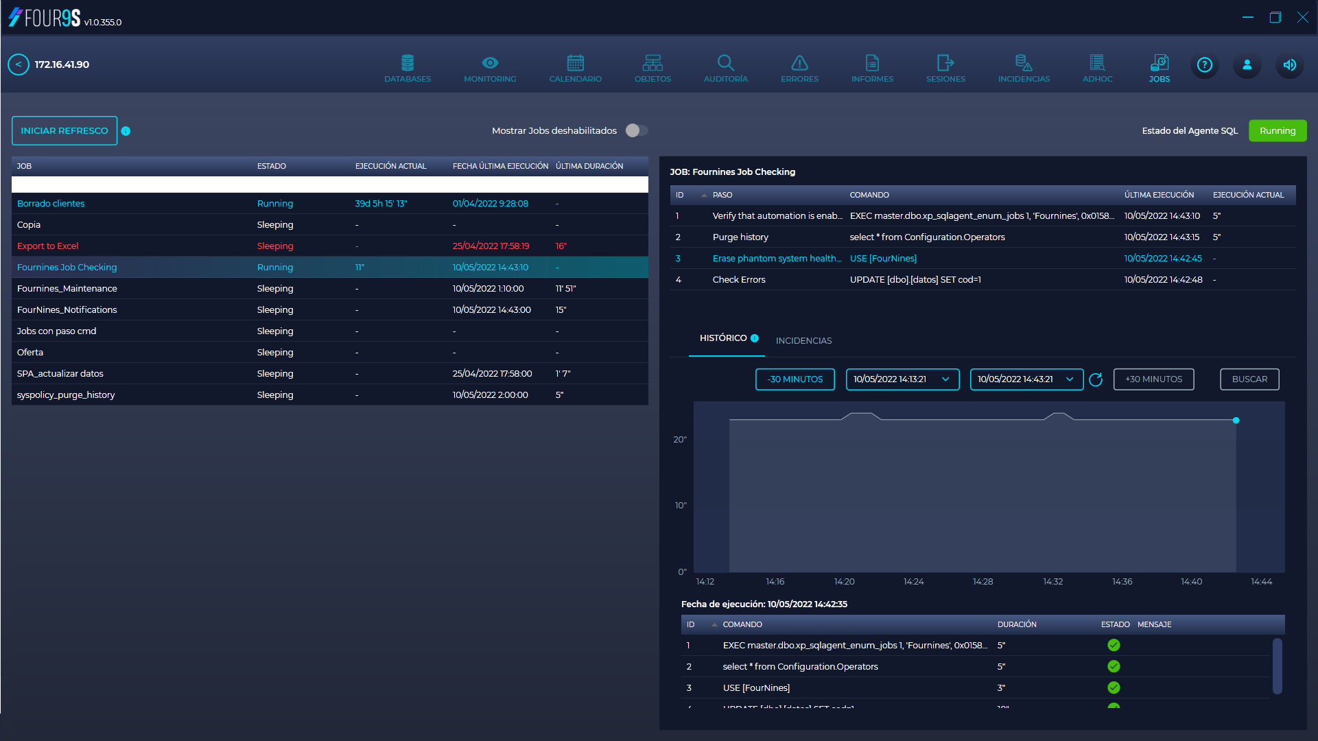 Miniatura de video: Demostración del panel de Jobs de Four9s para monitorizar la ejecución y el estado de las tareas programadas de SQL Server Agent.