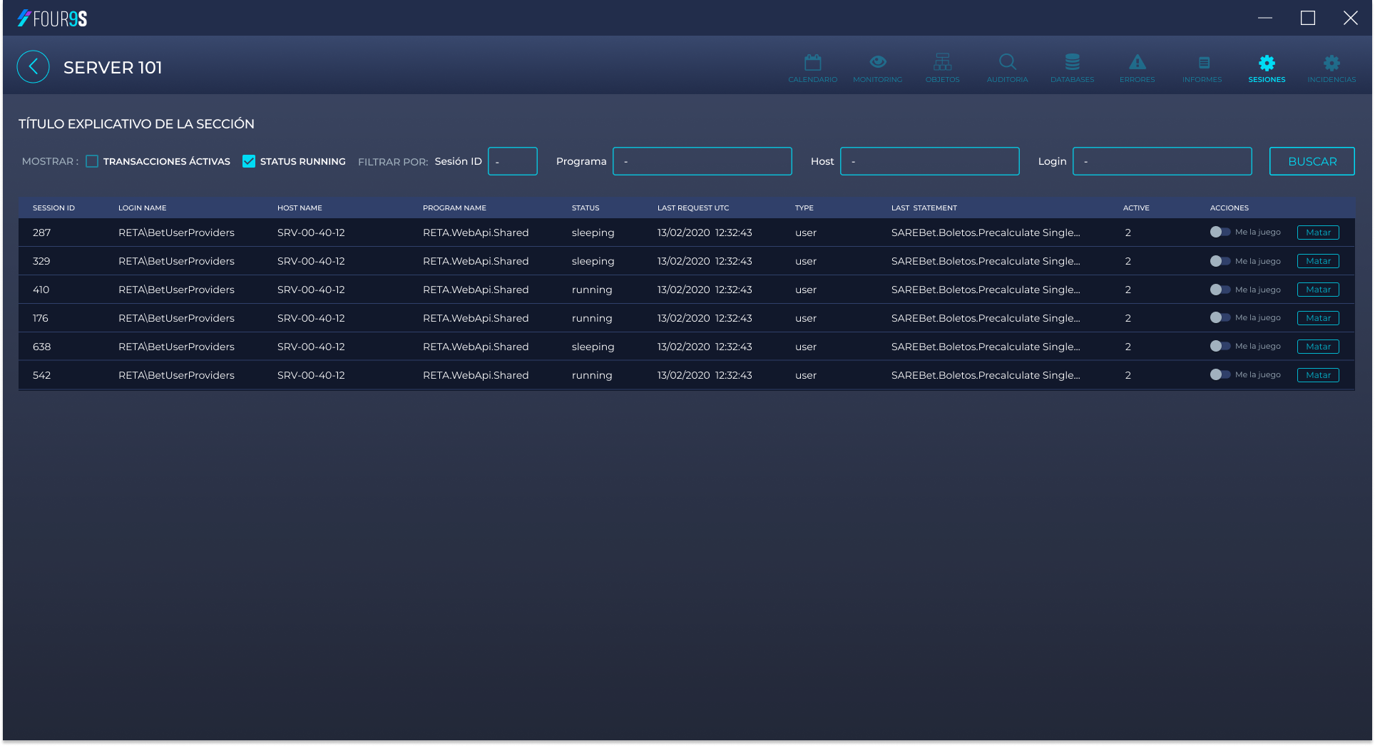 Four9s Kill Sessions SQL Server: Informe y gestión de sesiones activas, con último statement conocido y opción de finalizar procesos para optimizar rendimiento.